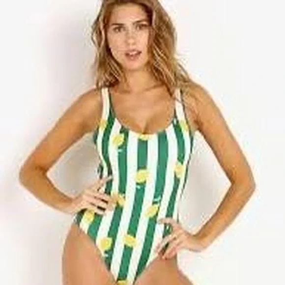Solid & Striped Anne-Marie One Piece Swimsuit Green White Lemon Print Scoop Back